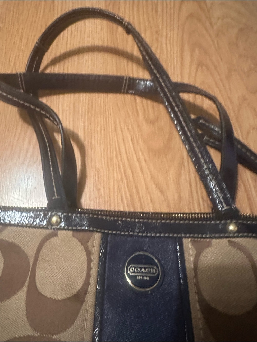 Coach Brown Signature Canvas Tote with Navy Center Stripe - Picture 2 of 11